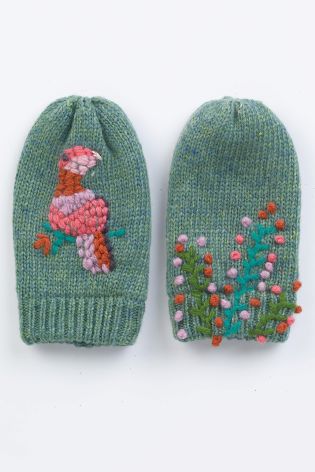 Green Embroidered Mittens (Younger Girls)